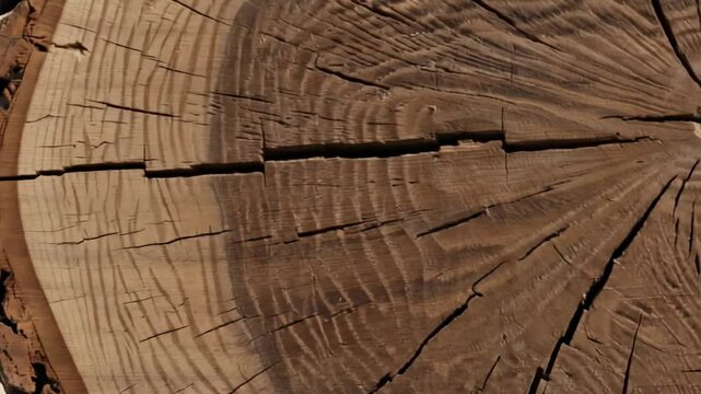 A crosssection of a tree trunk displays visible growth rings and cracks in the weathered wood grain