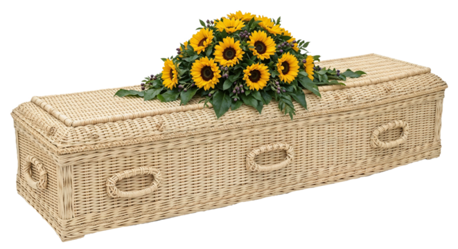 Light textured bamboo coffin against a plain white background 
