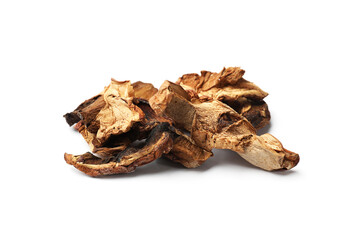 Pieces of dried mushrooms isolated on white