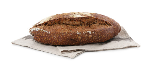 Loaf of rye bread and towel isolated on white