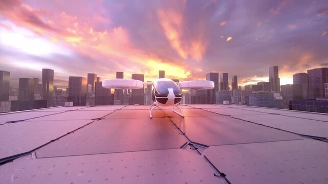 Futuristic eVTOL Aircraft on Rooftop Helipad in Modern City at Sunset