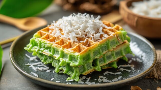 A stack of green pandan waffles topped with shredded coconut sits on a dark plate