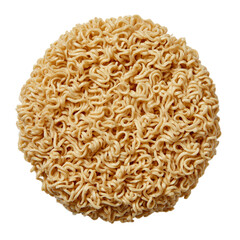 A round block of uncooked instant ramen noodles sits on a white surface isolated on transparent background