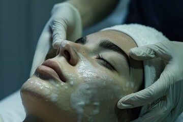 Esthetician performs a rejuvenating facial treatment focusing on skin care and relaxation in a serene environment