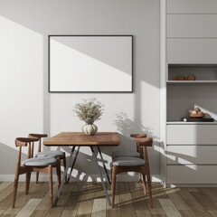 Modern dining room with a horizontal frame mockup on a white wall next to a decorative sideboard and table. 3D rendering, interior design, 3D illustration