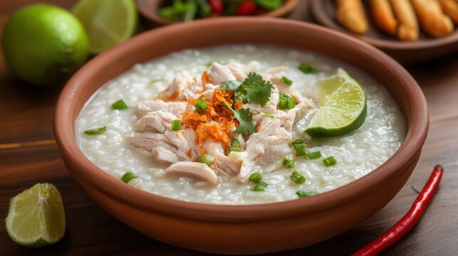 A bowl of chicken congee is garnished with lime and fresh herbs