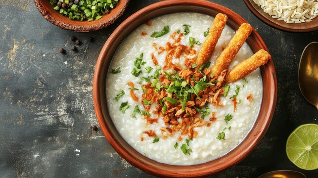 A bowl of rice congee is topped with fried onions and fresh scallions