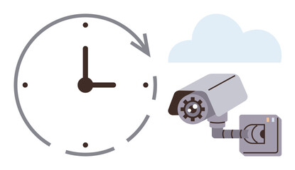 CCTV camera pointing outward with large clock symbolizing round-the-clock monitoring under blue cloud. Ideal for safety, security, surveillance, time management, data storage, cloud technology