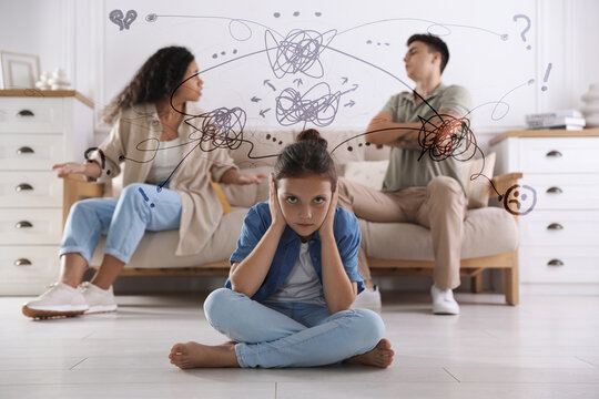 Worried little girl covering her ears during parents' argument at home. Confused thoughts as doodles coming out of her head. Stress, anxiety, depression