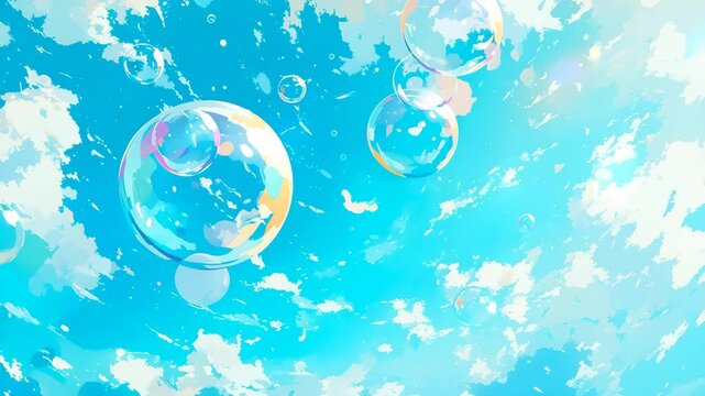 美しい青空に浮かぶたくさんのしゃぼん玉のイラスト風景