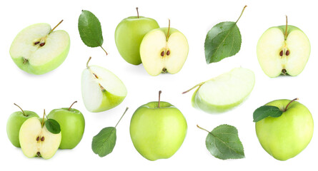 Fresh green apple fruits and leaves isolated on white, collage