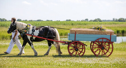 Horse pulling wooden cart with biodegradable coffin decorated with flowers  