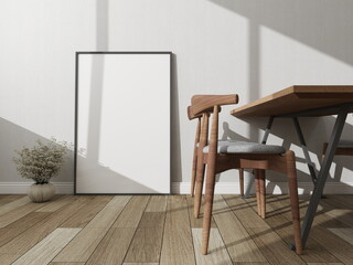 Modern dining room with a vertical frame mockup on the floor and decor. 3D rendering, interior...