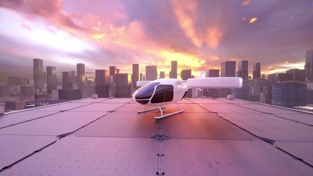 Futuristic eVTOL Aircraft on Rooftop Helipad in Modern City at Sunset