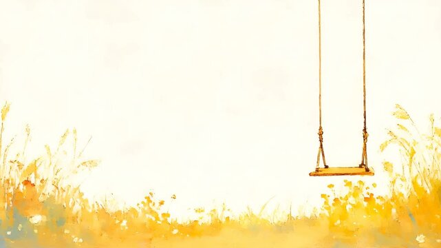 野原の中にある無人の風に揺れるブランコのイラスト風景