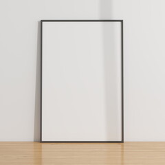 Vertical frame mockup on a wooden table and white wall. 3D rendering, interior design, 3D illustration