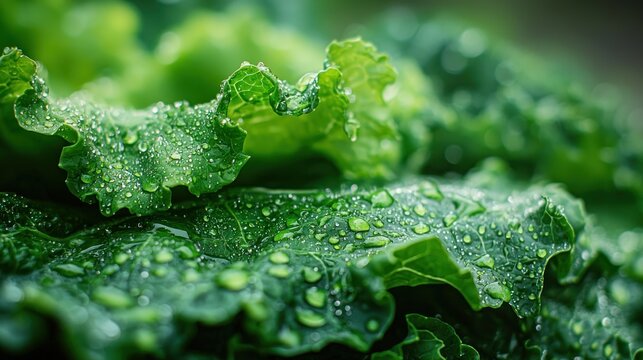 Close-up of vibrant green leafy vegetable, covered in water droplets