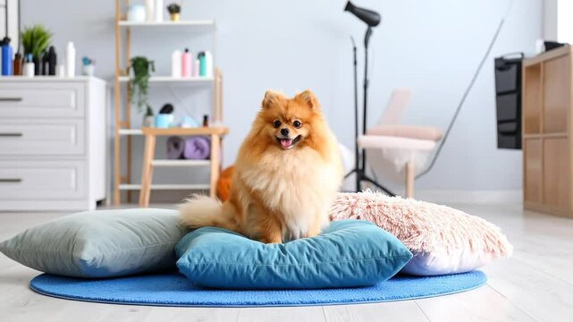 Fluffy Pomeranian Dog Sitting On Pillows In Grooming Studio