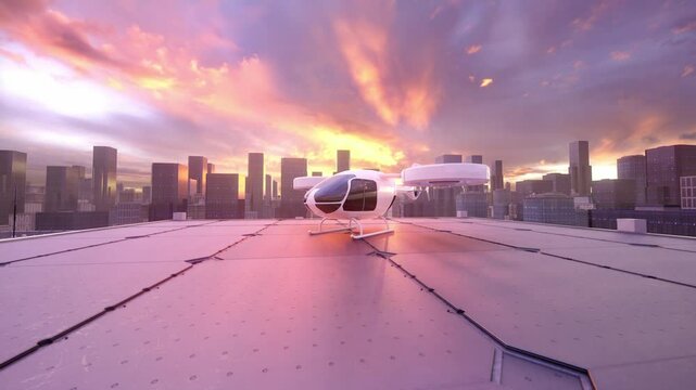 Futuristic eVTOL Aircraft on Rooftop Helipad in Modern City at Sunset