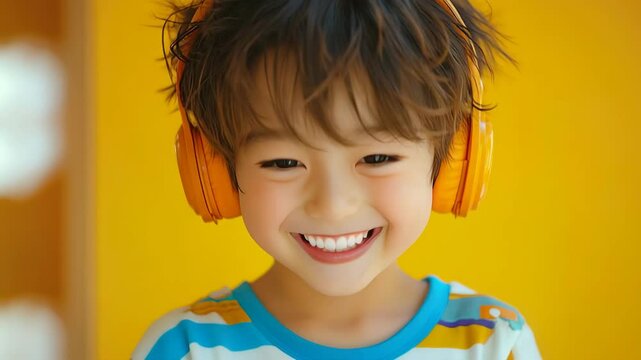 ヘッドフォンを付けて楽しそうに笑うアジア人の男の子