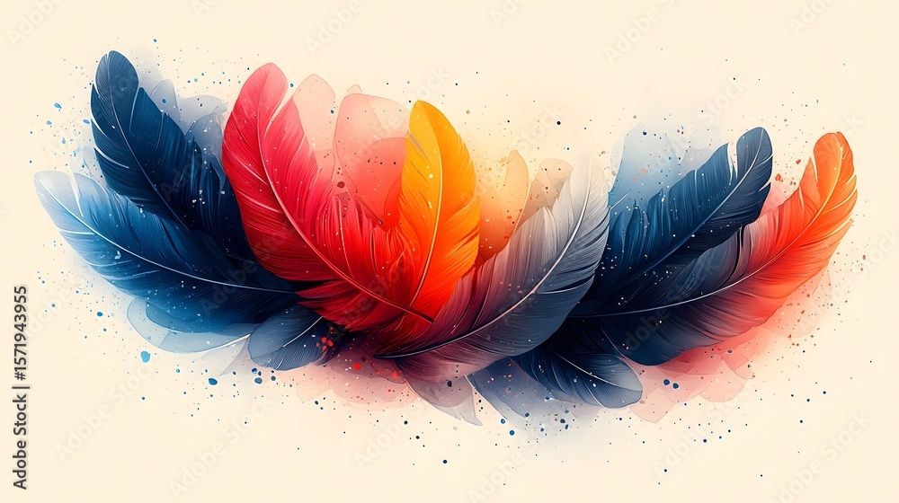Poster a visually striking arrangement of layered colorful feathers in a circular pattern showcasing soft g