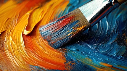Fototapeta premium Close-up of vibrant oil paints swirling on a palette. A paintbrush, with its metallic ferrule and wooden handle, rests within the mix of colors