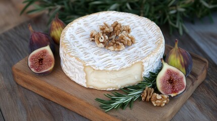 Brie cheese adorned with walnuts and figs sits on a rustic wooden board with rosemary