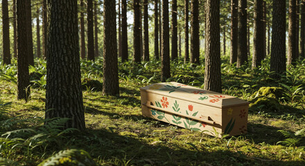 A peaceful scene in a serene forest featuring simple eco-friendly cardboard casket coffin with painted leafs and flowers