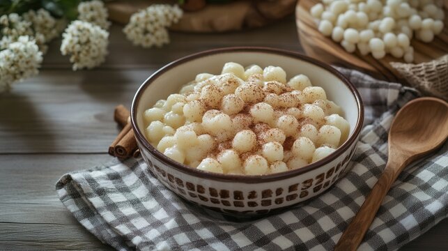 Tapioca pudding with cinnamon in a bowl on a wooden table