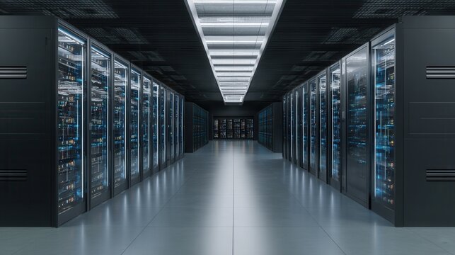 A long aisle of servers in a secure data center