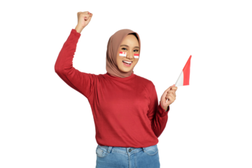 Excited young Asian women celebrate Indonesian independence day on 17 August by holding the Indonesian flag isolated on transparent background