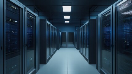 A dark data center features rows of server racks along a tiled floor