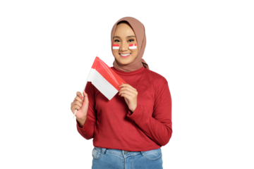 Happy young Asian women celebrate Indonesian independence day on 17 August by holding the Indonesian flag isolated on transparent background