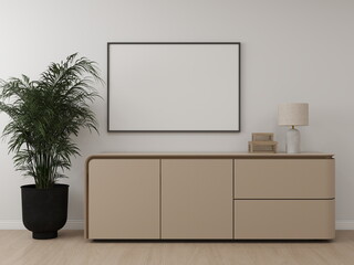 Horizontal frame mockup in a living room with a white wall and interior decoration. 3D rendering,...