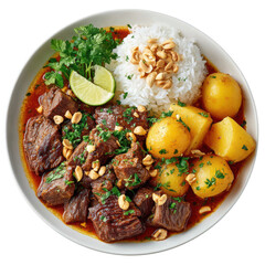 Savory Massaman Beef Curry with Potatoes, Rice, and Peanuts Served in a White Bowl