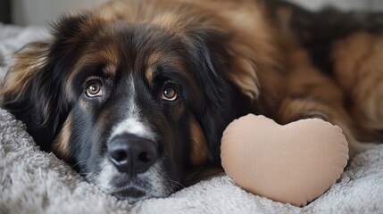 Loving Dog with Heart-Shaped Toy on Soft Blanket Background