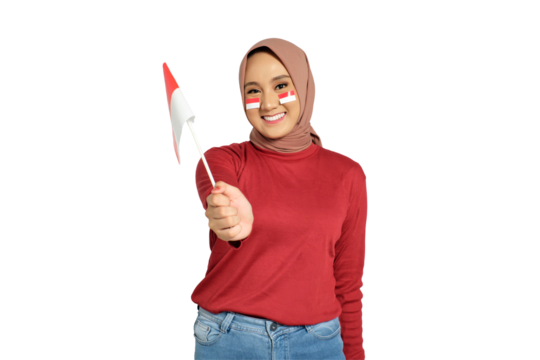 Happy young Asian women celebrate Indonesian independence day on 17 August by holding the Indonesian flag isolated on transparent background