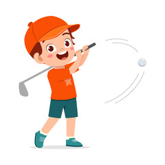 Happy Caucasian Boy Swinging Golf Club Ready to Hit Ball Illustration on White Background