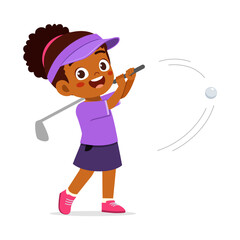 Cute African American Girl Swinging Golf Club with Ball in Motion Illustration