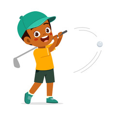 Happy African American Boy Playing Golf Hitting Ball with Golf Club in Illustration Style