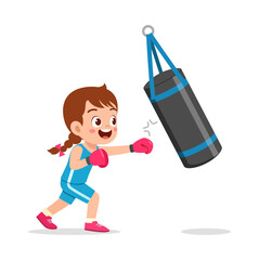 Cute Girl Boxing with Punching Bag in Cartoon Illustration on White Background