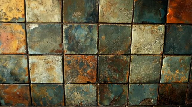 Textured ceramic tiles with a rustic finish, showcasing a blend of colors and patterns