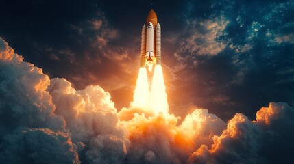 Launch of a Space Rocket Against a Dramatic Sky at Dusk