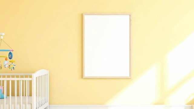 Baby room with a blank framed picture above crib against a yellow wall illuminated by sunlight