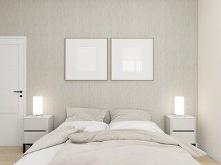 Two square frame mockups on a textured wall in a cozy bedroom with modern interior design. 3D rendering, interior design, 3D illustration