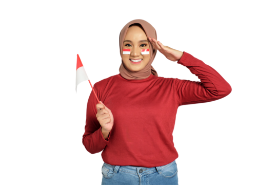Young Asian women celebrate Indonesian independence day on 17 August, saluting and holding Indonesian flag isolated on transparent background