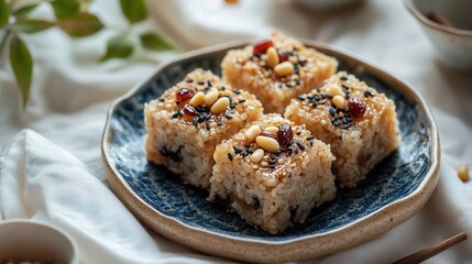 Korean rice cakes with sesame seeds and pine nuts are arranged on a blue plate