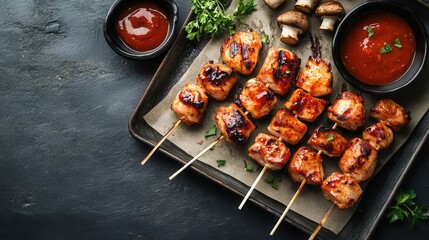 Grilled chicken skewers are served with mushrooms and dipping sauce on a dark tray