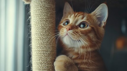 Curious Ginger Cat Watching from a Cozy Cat Tree by the Window