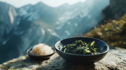 A bowl of seaweed salad and rice is set against a mountain landscape